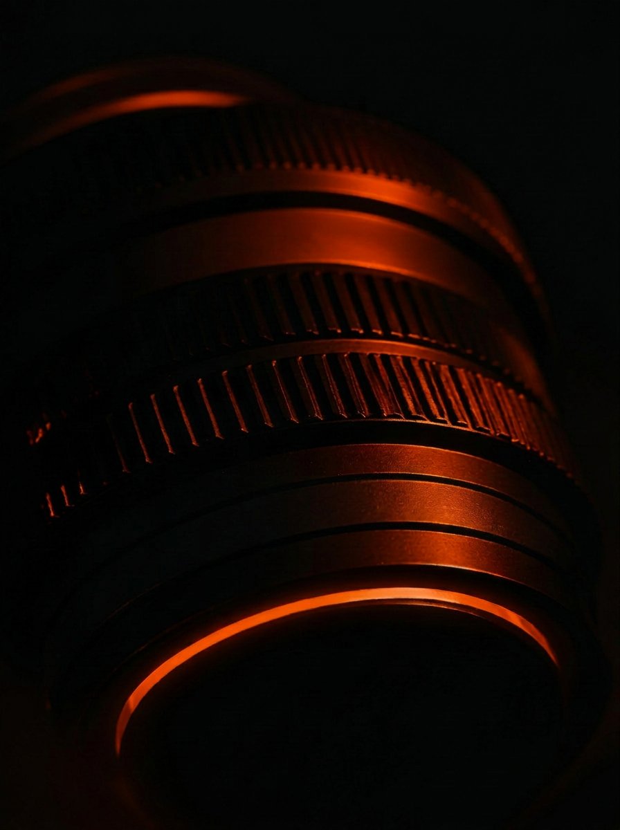 Detalhe — close de lente de câmera com brilho laranja